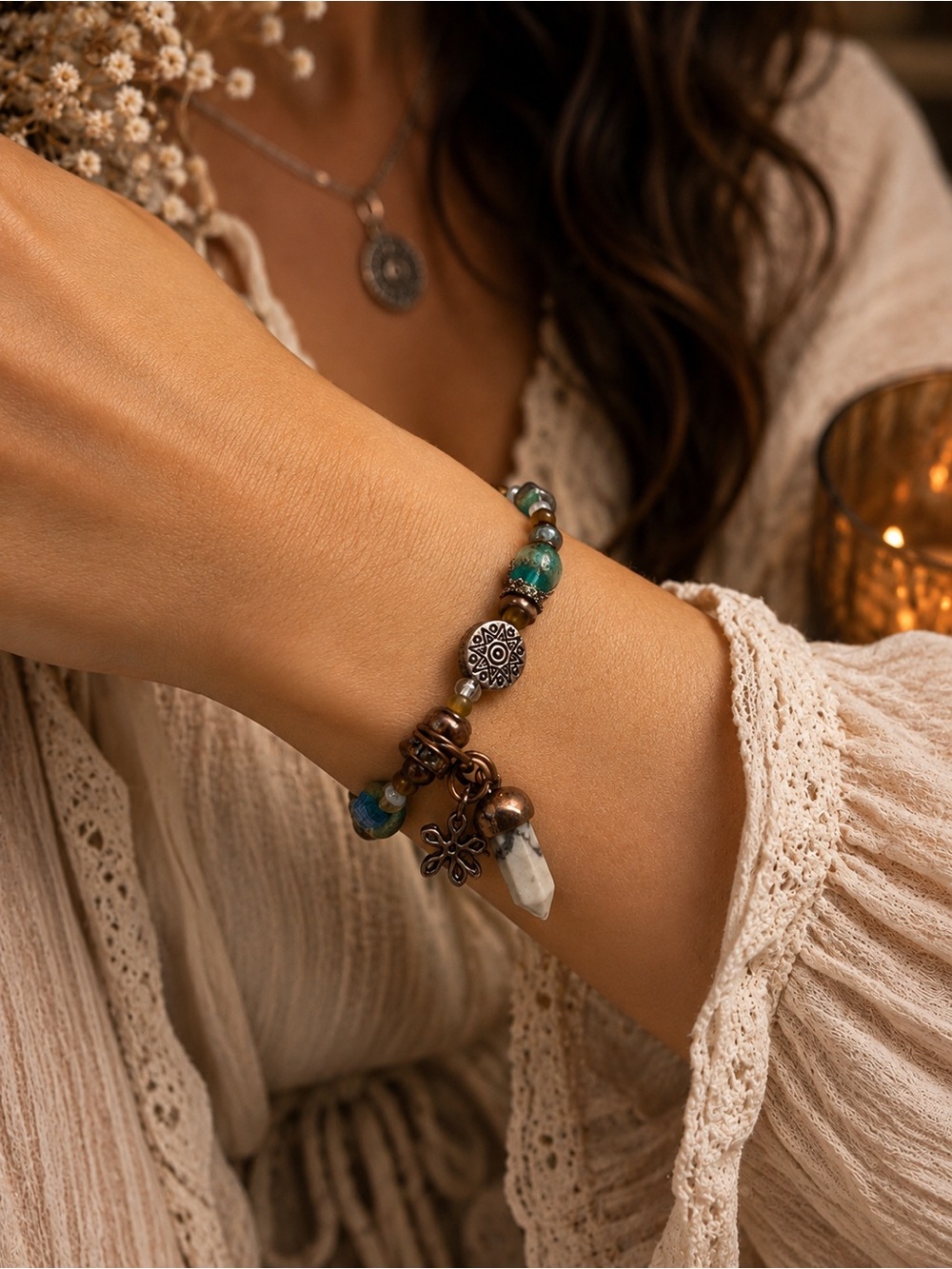 Boho Artisan Mixed Bead Charm Bracelet – Turquoise Glass Stone Copper Tone - Picture 2 of 4